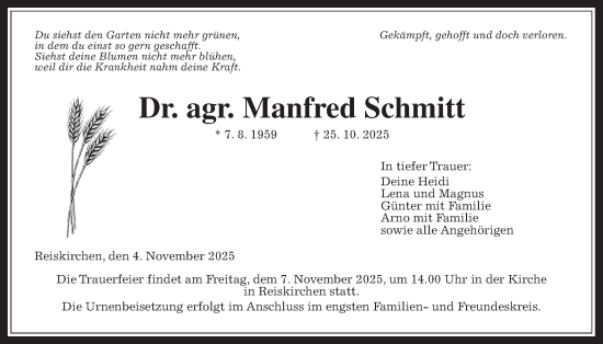Traueranzeige von Manfred Schmitt von Giessener Allgemeine, Alsfelder Allgemeine