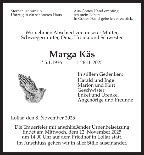 Traueranzeige von Marga Käs von Giessener Allgemeine, Alsfelder Allgemeine