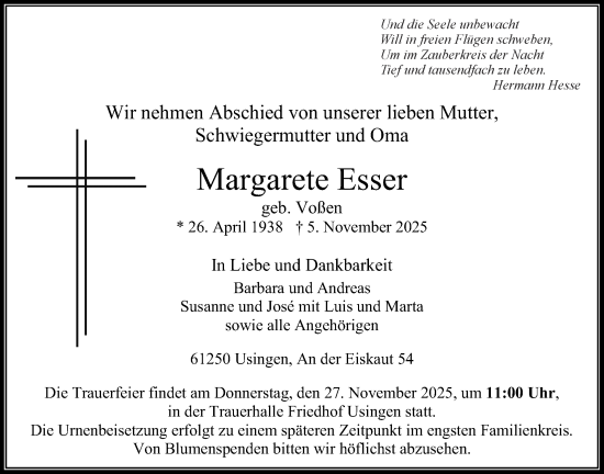 Traueranzeige von Margarete Esser von Usinger Anzeiger, Usinger Anzeigenblatt