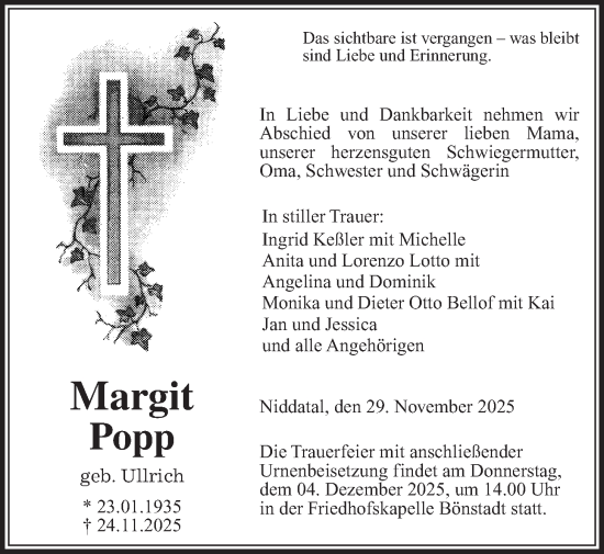 Traueranzeige von Margit Popp von Kreis-Anzeiger, Wetterauer Zeitung