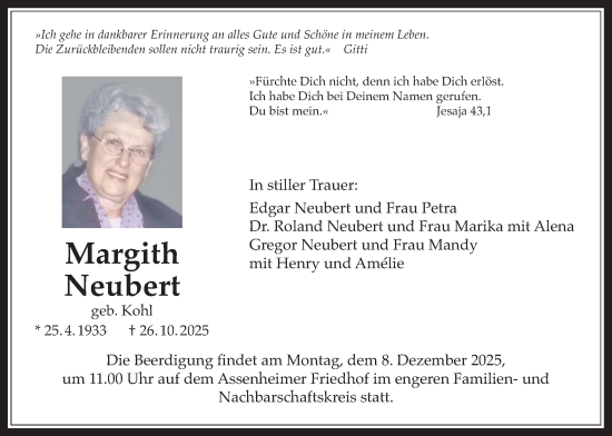 Traueranzeige von Margith Neubert von Wetterauer Zeitung