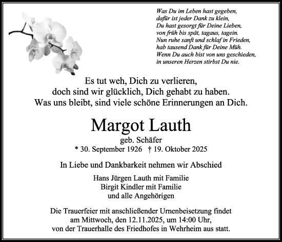 Traueranzeige von Margot Lauth von Usinger Anzeiger, Usinger Anzeigenblatt