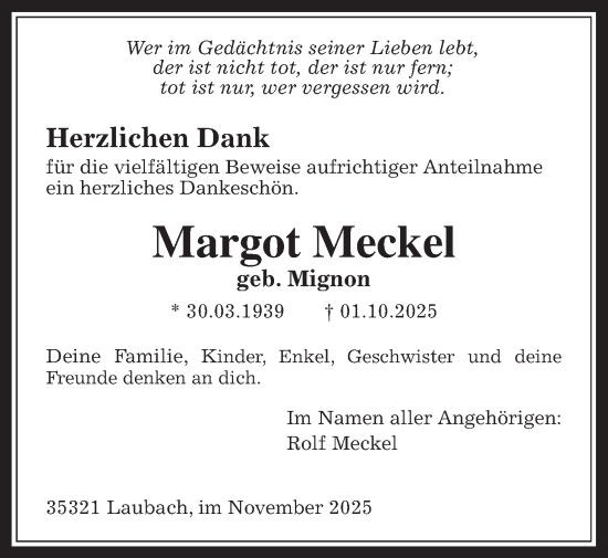 Traueranzeige von Margot Meckel von Laubacher Anzeiger