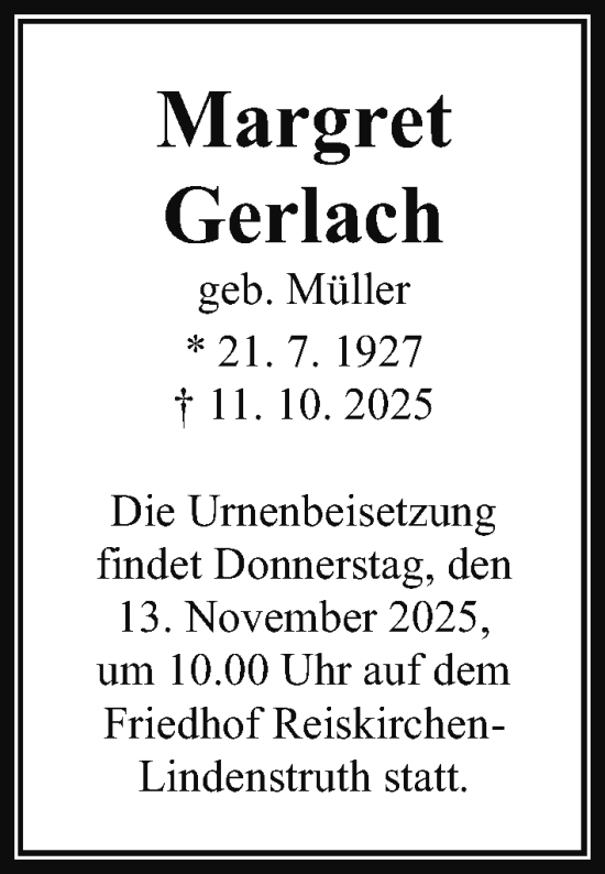 Traueranzeige von Margret Gerlach von Giessener Anzeiger, Giessener Allgemeine, Alsfelder Allgemeine
