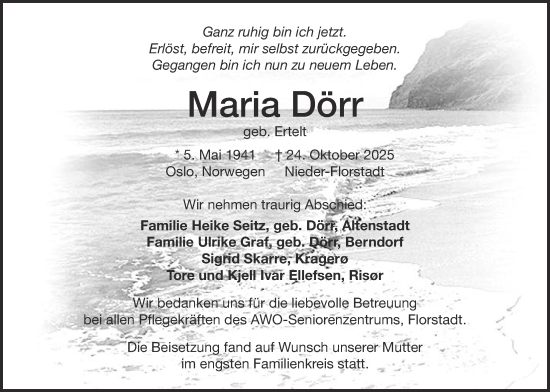 Traueranzeige von Maria Dörr von Wetterauer Zeitung