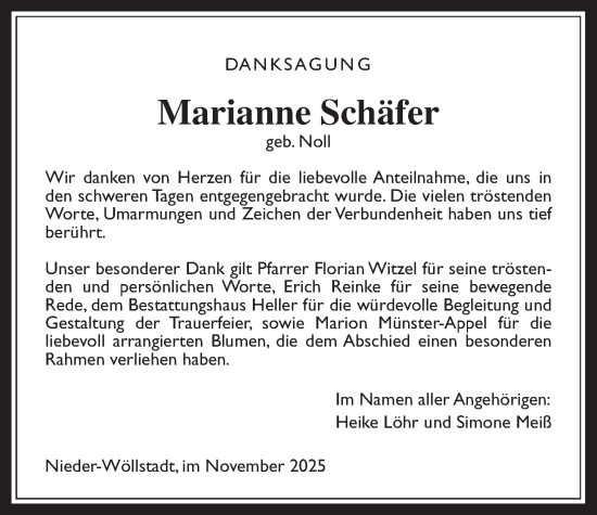 Traueranzeige von Marianne Schäfer von Wetterauer Zeitung