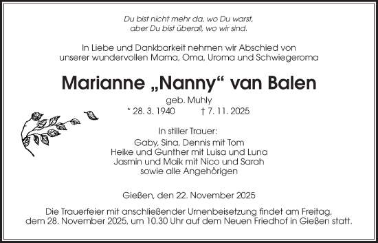 Traueranzeige von Marianne van Balen von Giessener Anzeiger