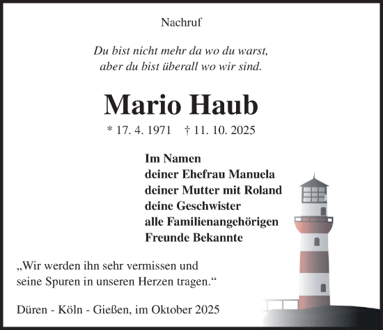 Traueranzeige von Mario Haub von Giessener Anzeiger, Giessener Allgemeine, Alsfelder Allgemeine