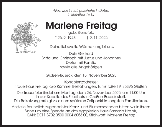 Traueranzeige von Marlene Freitag von Giessener Anzeiger, Giessener Allgemeine, Alsfelder Allgemeine