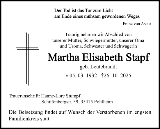 Traueranzeige von Martha Elisabeth Stapf von Giessener Allgemeine, Alsfelder Allgemeine