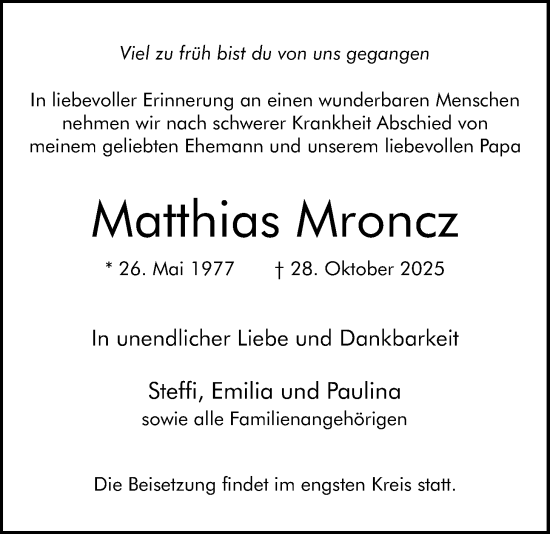 Traueranzeige von Matthias Mroncz von Wetterauer Zeitung