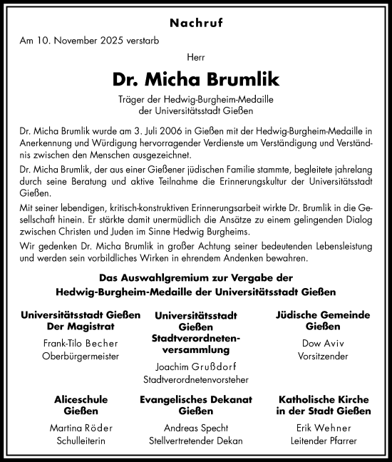 Traueranzeige von Micha Brumlik von Giessener Anzeiger, Giessener Allgemeine, Alsfelder Allgemeine
