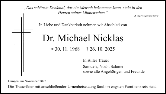 Traueranzeige von Michael Nicklas von Licher Wochenblatt
