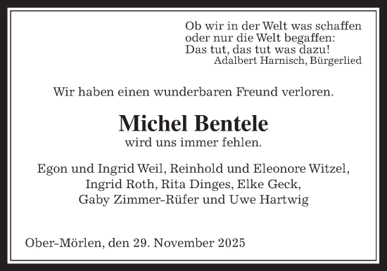 Traueranzeige von Michel Bentele von Wetterauer Zeitung