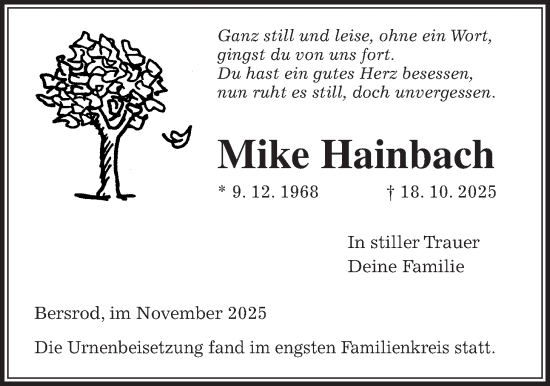 Traueranzeige von Mike Hainbach von Reiskirchener Anzeiger