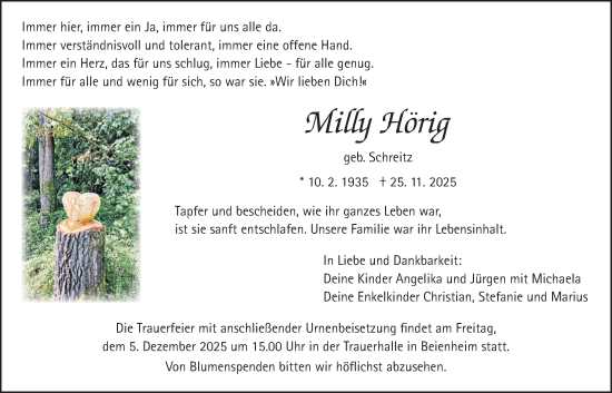 Traueranzeige von Milly Hörig von Wetterauer Zeitung