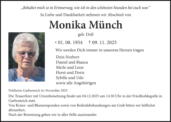 Traueranzeige von Monika Münch von Pohlheimer Nachrichten, Giessener Anzeiger