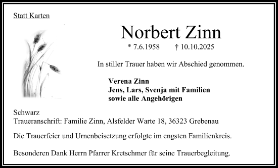 Traueranzeige von Norbert Zinn von Oberhessische Zeitung