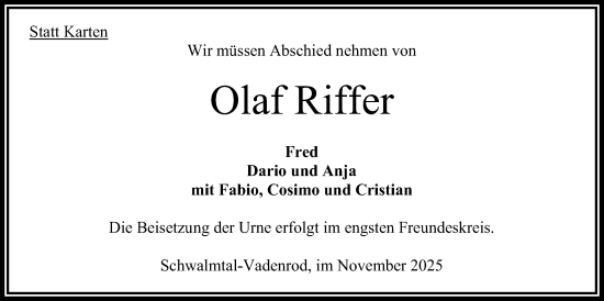 Traueranzeige von Olaf Rifter von Oberhessische Zeitung