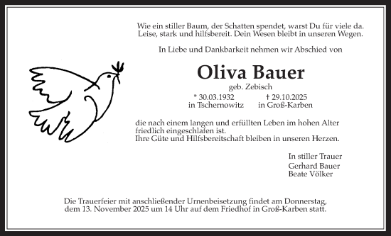 Traueranzeige von Oliva Bauer von Bad Vilbel/Karben