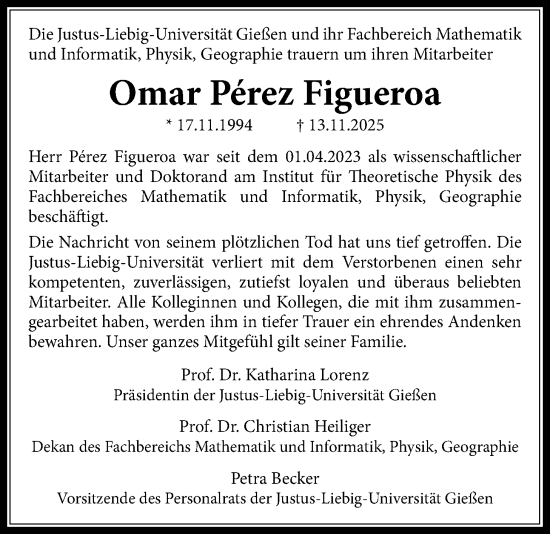 Traueranzeige von Omar Pérez Figueroa von Giessener Allgemeine, Alsfelder Allgemeine