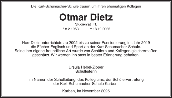 Traueranzeige von Otmar Dietz von Wetterauer Zeitung