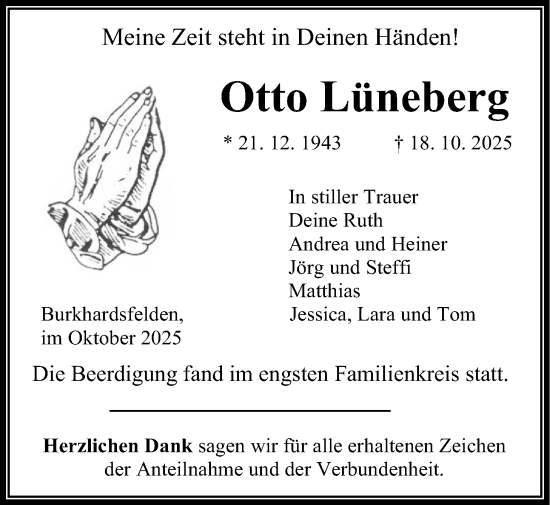 Traueranzeige von Otto Lüneberg von Giessener Allgemeine, Alsfelder Allgemeine