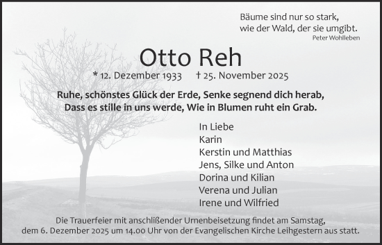 Traueranzeige von Otto Reh von Giessener Allgemeine, Alsfelder Allgemeine, Giessener Anzeiger