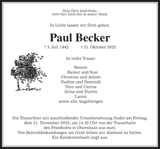Traueranzeige von Paul Becker von Usinger Anzeigenblatt