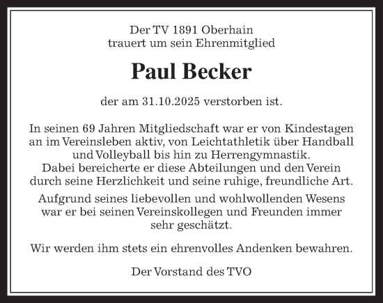 Traueranzeige von Paul Becker von Usinger Anzeiger