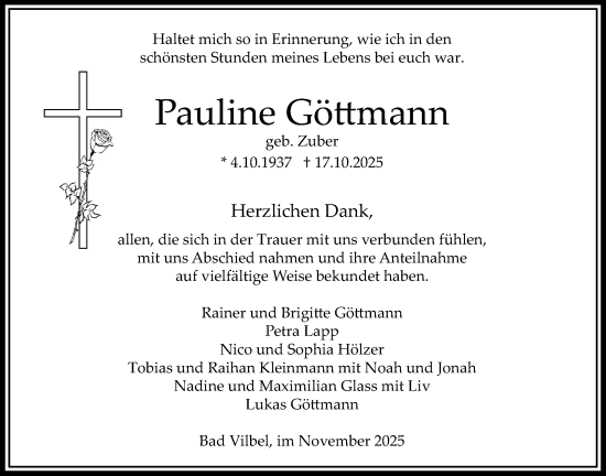 Traueranzeige von Pauline Göttmann von Bad Vilbel/Karben