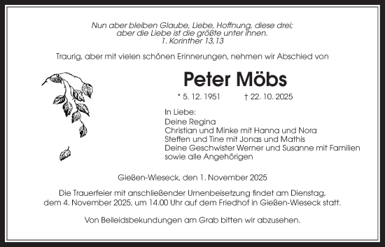 Traueranzeige von Peter Möbs von Giessener Anzeiger, Giessener Allgemeine, Alsfelder Allgemeine