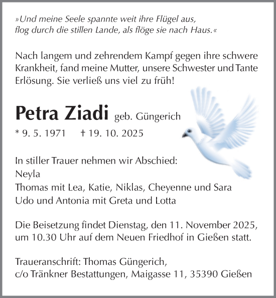 Traueranzeige von Petra Ziadi von Giessener Allgemeine, Alsfelder Allgemeine