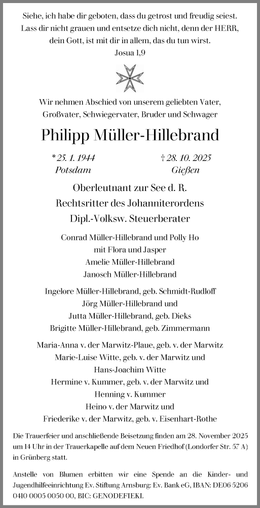 Traueranzeige von Philipp Müller-Hillebrand von Giessener Allgemeine, Alsfelder Allgemeine, Heimatzeitung Grünberg + Laubach