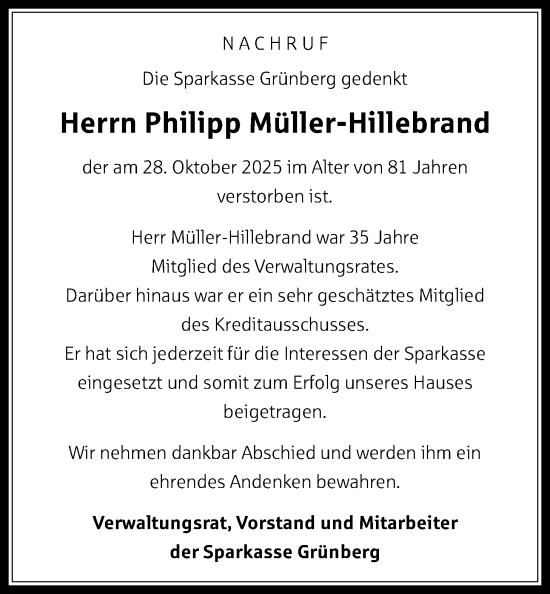 Traueranzeige von Philipp Müller-Hillebrand von Heimatzeitung Grünberg + Laubach, Giessener Allgemeine, Alsfelder Allgemeine