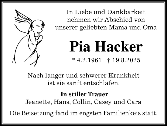Traueranzeige von Pia Hacker von Licher Wochenblatt