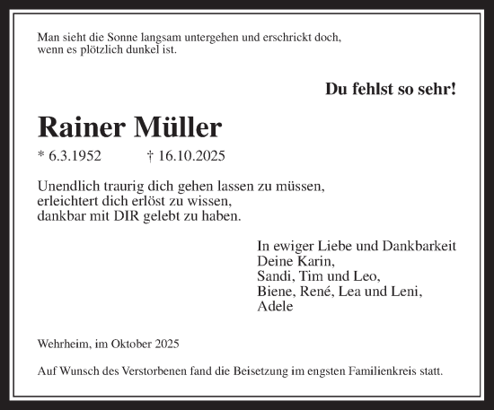Traueranzeige von Rainer Müller von Usinger Anzeiger