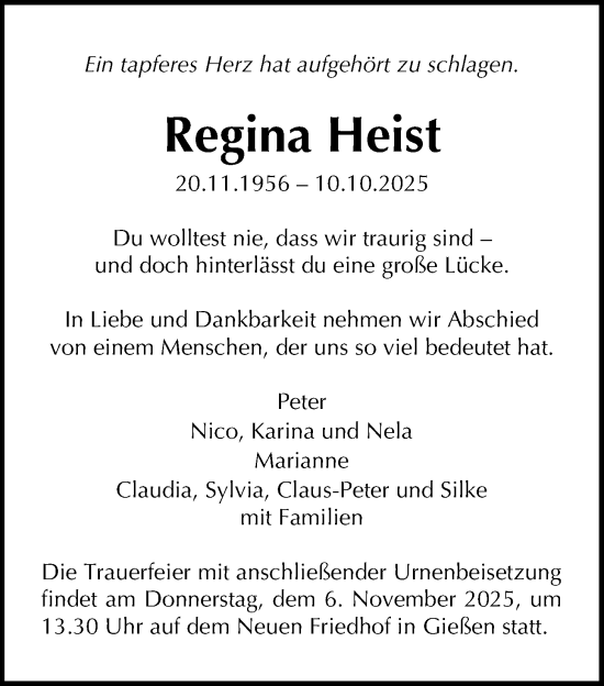 Traueranzeige von Regina Heist von Giessener Allgemeine, Alsfelder Allgemeine