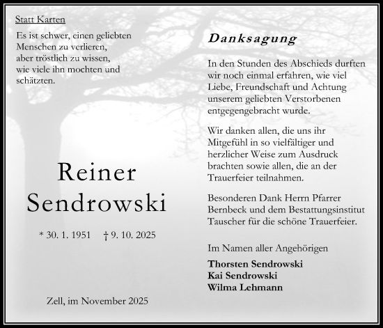 Traueranzeige von Reiner Sendrowski von Oberhessische Zeitung