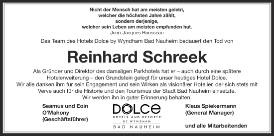 Traueranzeige von Reinhard Schreek von Wetterauer Zeitung