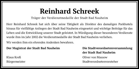 Traueranzeige von Reinhard Schreek von Wetterauer Zeitung