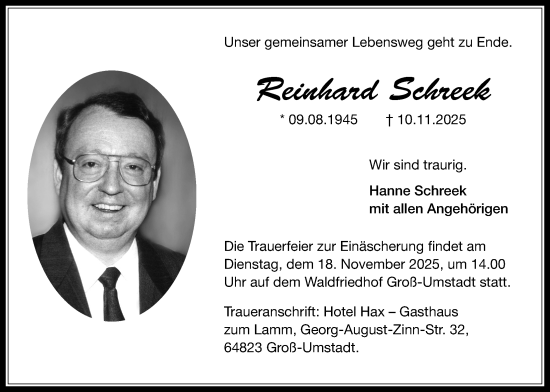 Traueranzeige von Reinhard Schreek von Wetterauer Zeitung