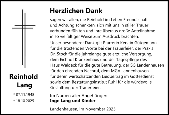 Traueranzeige von Reinhold Lang von Lauterbacher Anzeiger