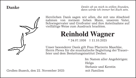 Traueranzeige von Reinhold Wagner von Giessener Anzeiger, Giessener Allgemeine, Alsfelder Allgemeine