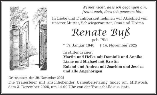 Traueranzeige von Renate Buß von Kreis-Anzeiger