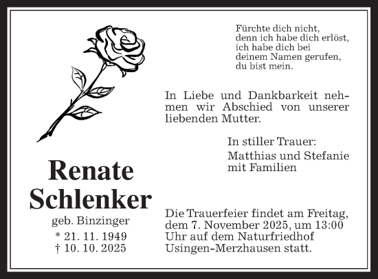 Traueranzeige von Renate Schlenker von Usinger Anzeiger