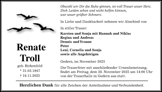 Traueranzeige von Renate Troll von Kreis-Anzeiger