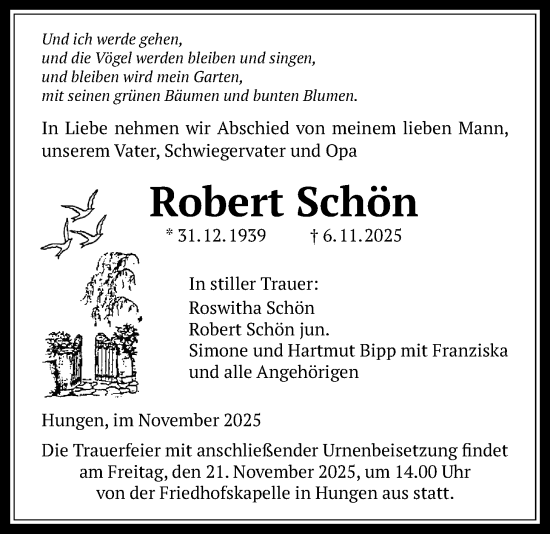 Traueranzeige von Robert Schön von Licher Wochenblatt