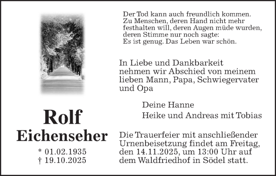 Traueranzeige von Rolf Eichenseher von Giessener Allgemeine, Alsfelder Allgemeine, Wetterauer Zeitung
