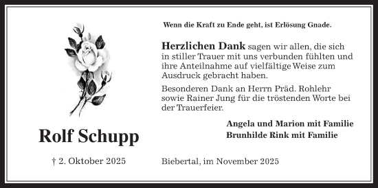 Traueranzeige von Rolf Schupp von Giessener Allgemeine, Alsfelder Allgemeine